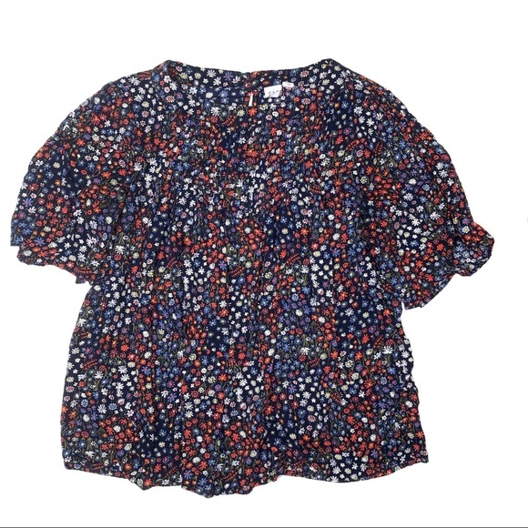 Gap Pintuck Mini Floral Flowy Blouse Short Sleeve Blue M - Picture 1 of 7